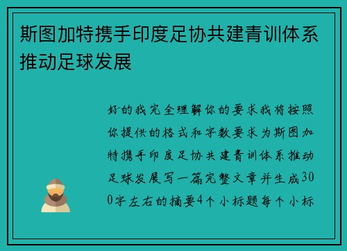 斯图加特携手印度足协共建青训体系推动足球发展